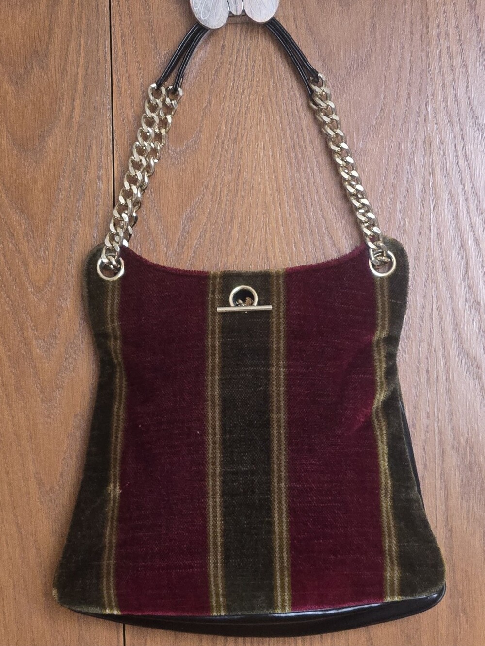 Striped Velvet Chain-Handle Shoulder Bag in Burgundy and Olive